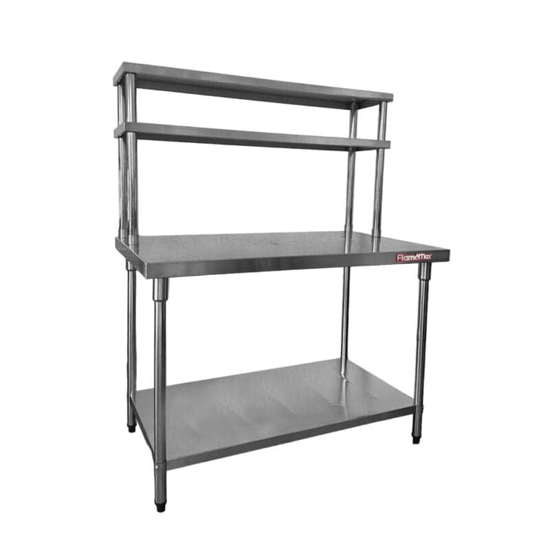 Mesa de Acero Inoxidable 150 x 70 cm doble estante aéreo | Flamemax HWT-2-715TD