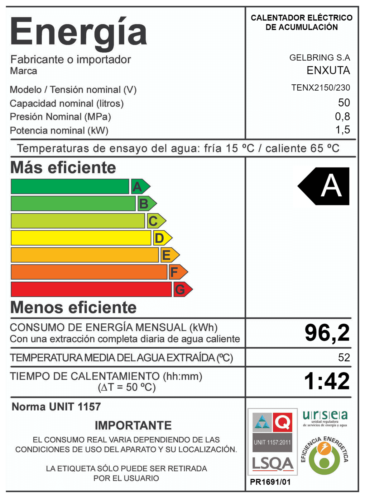 Termotanque 50 litros Enxuta TENX2150 acero esmaltado eficiencia clase A