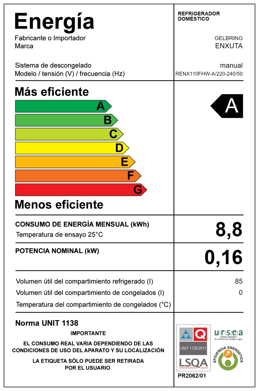 frigobar Enxuta RENX110FHW-A 85 L clase A