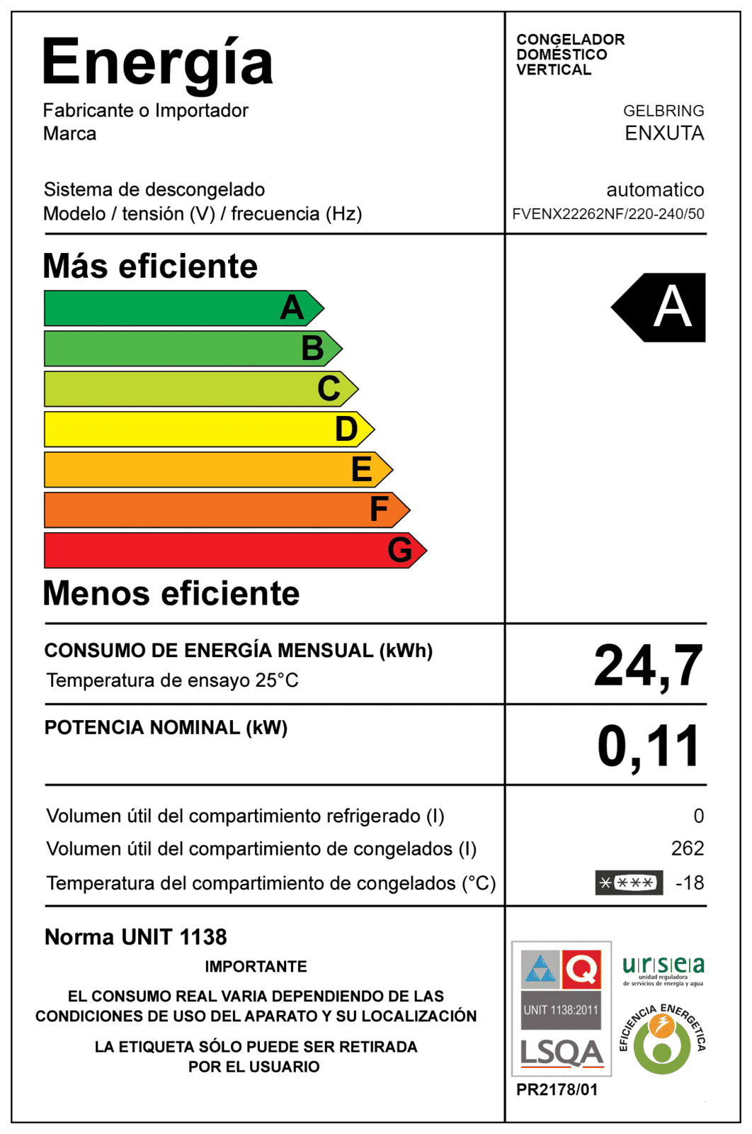 Freezer vertical Enxuta FVENX22262NF 262 L frío seco display electrónico