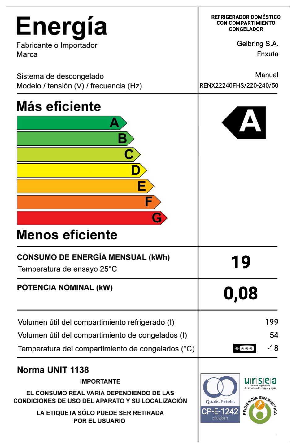 refrigerador frío húmedo Enxuta RENX22240FHS 248 L con freezer 50 L