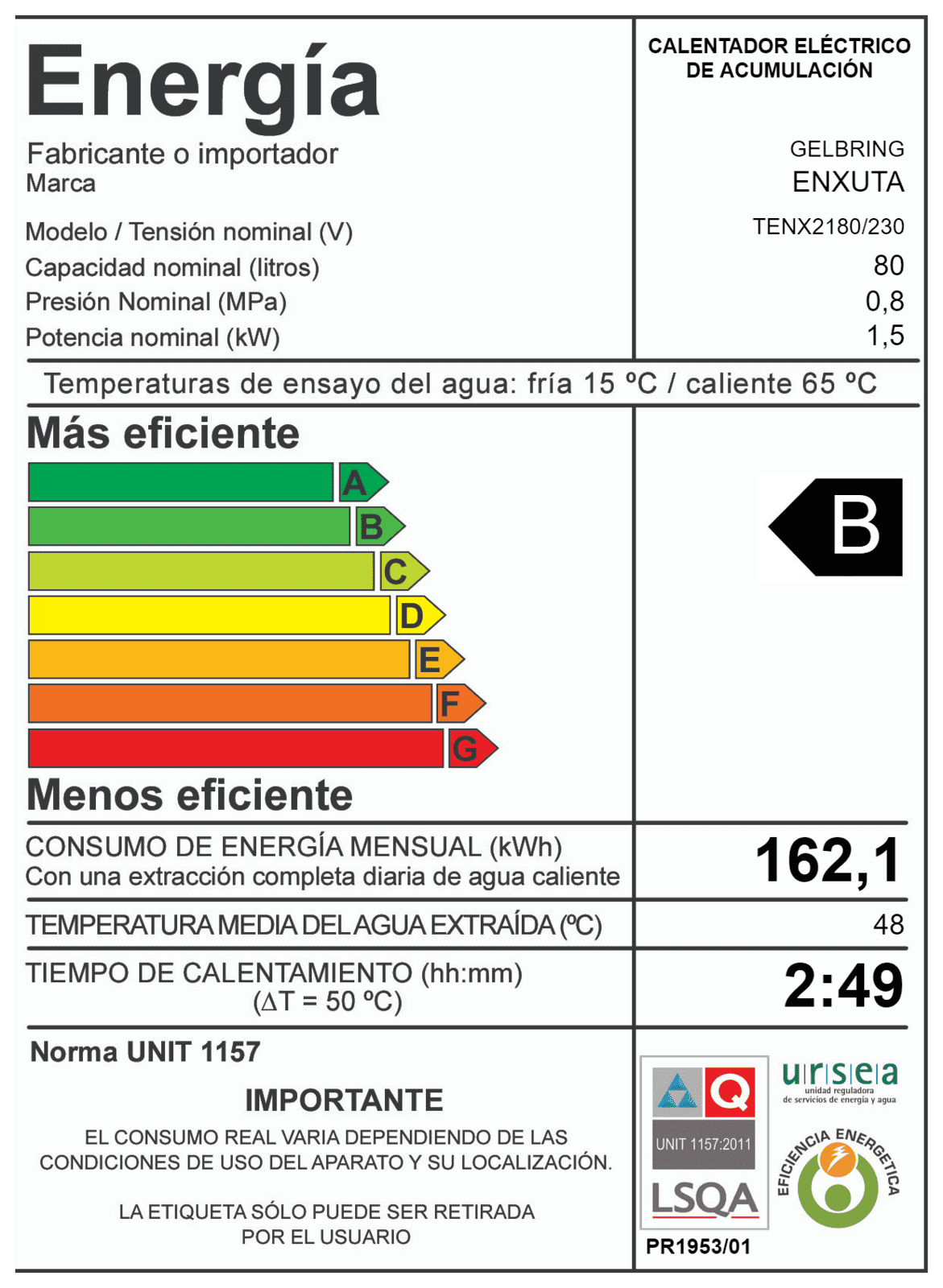 Termotanque 80 litros Enxuta TENX2180 tanque acero esmaltado aislamiento poliuretano