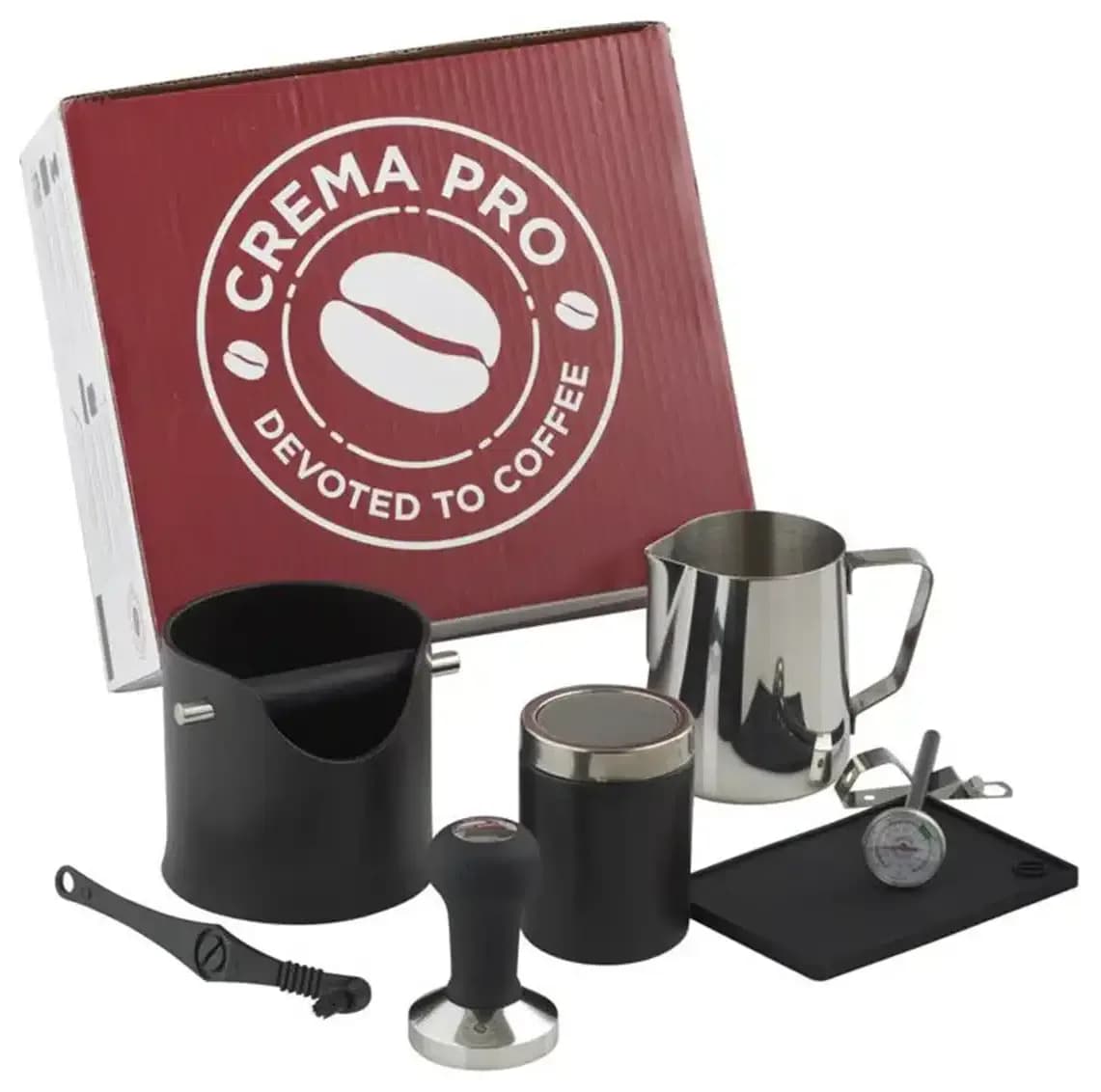 Kit Barista Crema Pro color negro 620897 Tamper Knock Box Jarra de Leche termometro dispensador de chocolate en polvo alfombirlla para tamper y pincel para limpieza