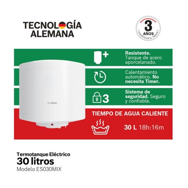 Termotanque eléctrico Bosch ES030MIX 30 L tanque esmaltado aislamiento 32 mm