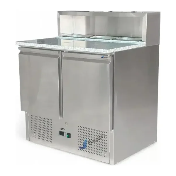 Bajo Mostrador Refrigerado con Topinera de acero inoxidable 90 cm ancho 2 puertas comercial 3 cubas con frio marca Kuma PS900