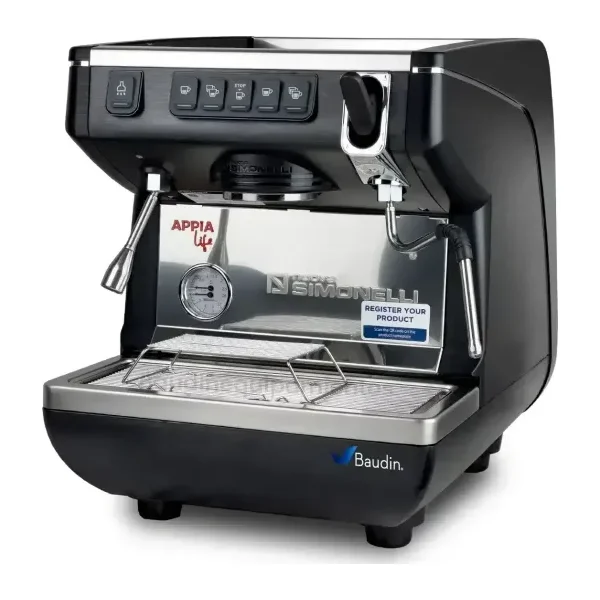Cafetera Expresso 1 Grupo Vaso Alto Comercial Nuova Simonelli Appia Life Vista Lateral color Negro detalle en plata Principal