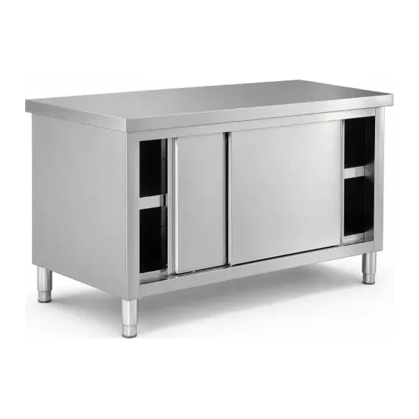 Mesa de Acero Inoxidable con estante intermedio y 2 puertas corredizas Unique